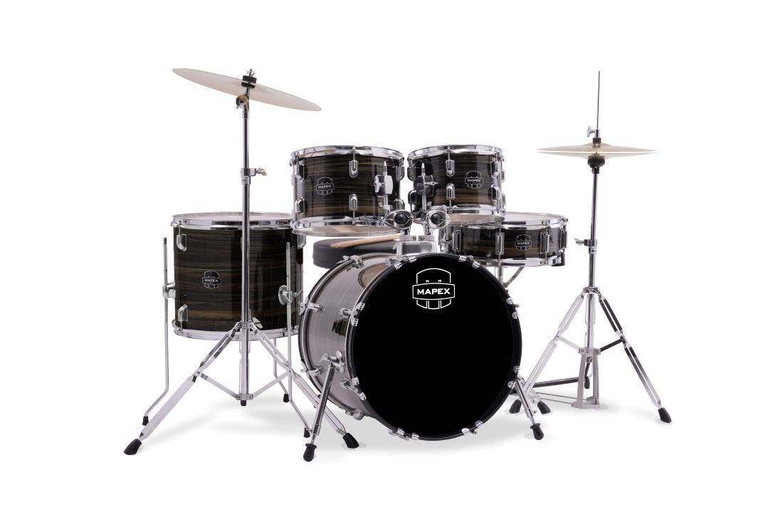 Mapex Comet Complete 5-Piece Drum Kit 10"/12"/16"/14"S/22"K w/ Cymbals and Hardware - Ebony Yellow Grain