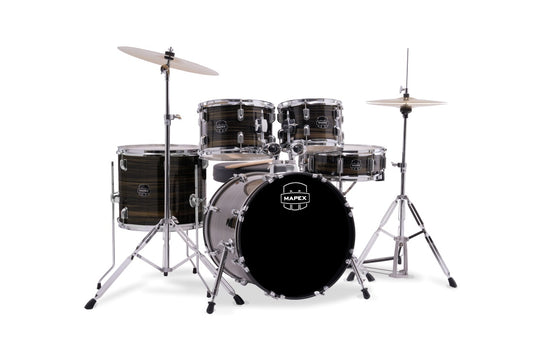 Mapex Comet Complete 5-Piece Drum Kit 10"/12"/16"/14"S/22"K w/ Cymbals and Hardware - Ebony Yellow Grain