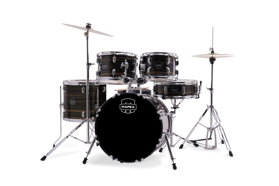 Mapex Comet Complete 5-Piece Drum Kit 10"/12"/16"/14"S/22"K w/ Cymbals and Hardware - Ebony Yellow Grain