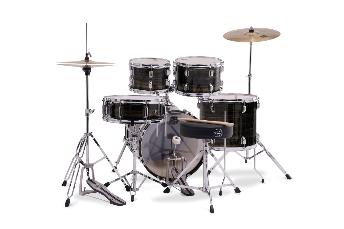Mapex Comet Complete 5-Piece Drum Kit 10"/12"/16"/14"S/22"K w/ Cymbals and Hardware - Ebony Yellow Grain