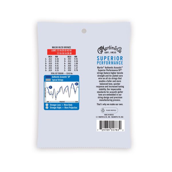 Martin MA190 Light Authentic Acoustic SP® Guitar Strings 12-54 80/20 Bronze (3-Pack)