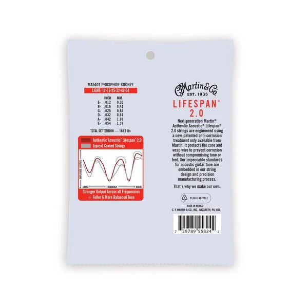 Martin MA540T Light Authentic Acoustic Lifespan® 2.0 Guitar Strings 12-54 Phosphor Bronze (3-Pack)