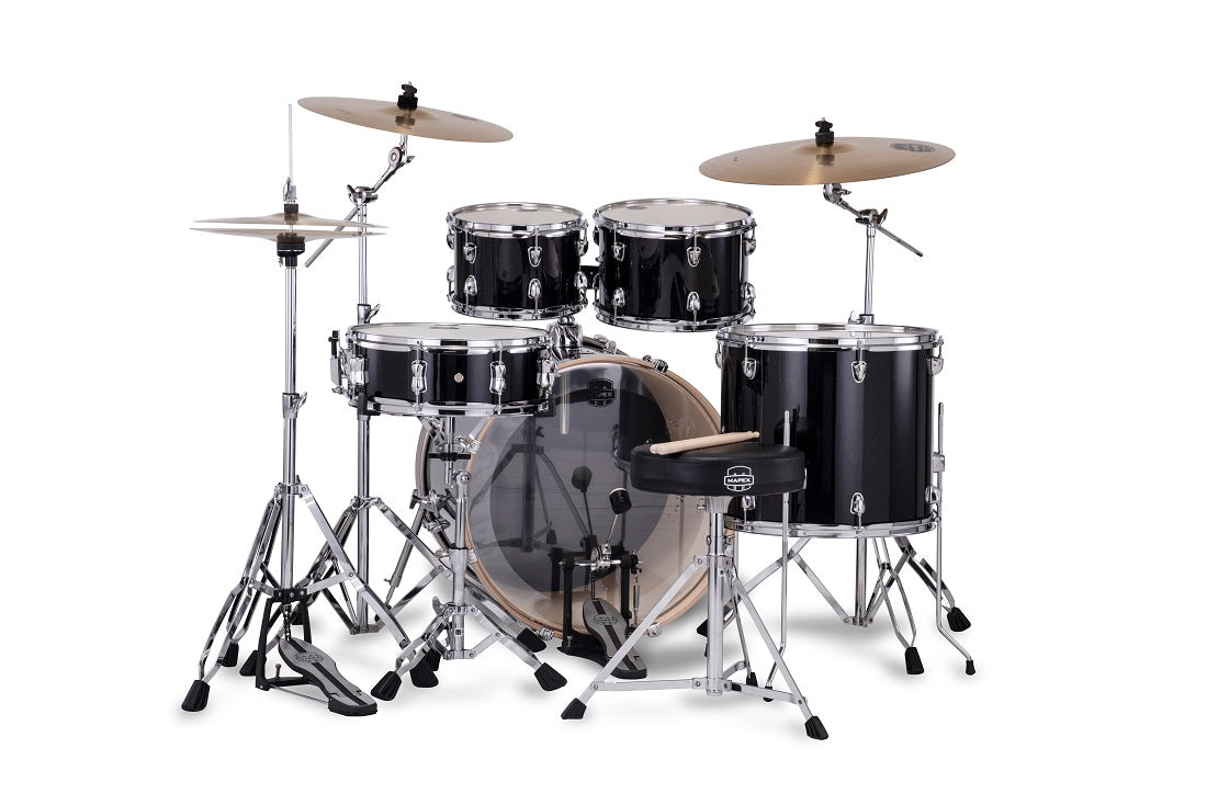 Mapex Venus 5-Piece Complete Drum Kit 10"/12"/16"/14"S/22"K w/ Hardware and Cymbals - Black Galaxy Sparkle