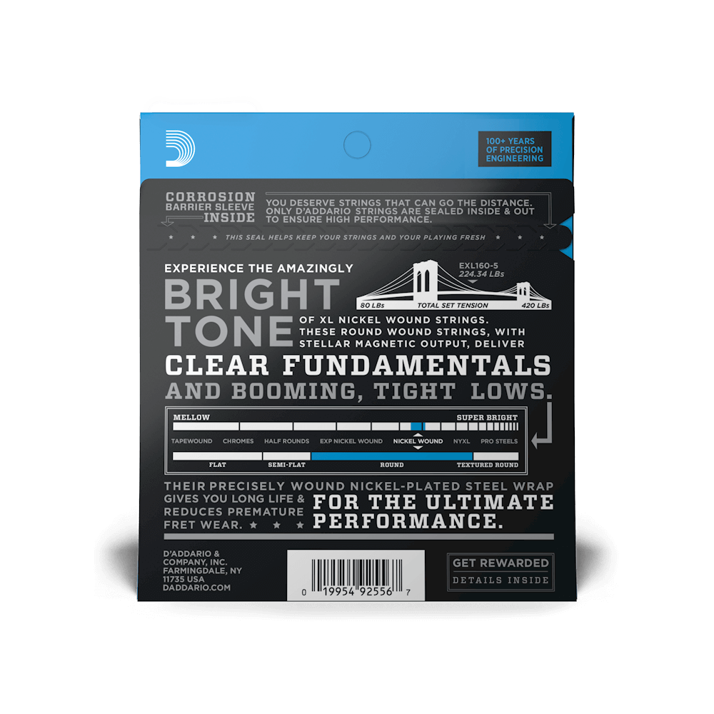 D'Addario EXL160-5 Medium Long Scale 5-String Bass Strings 50-135 (2-Pack)