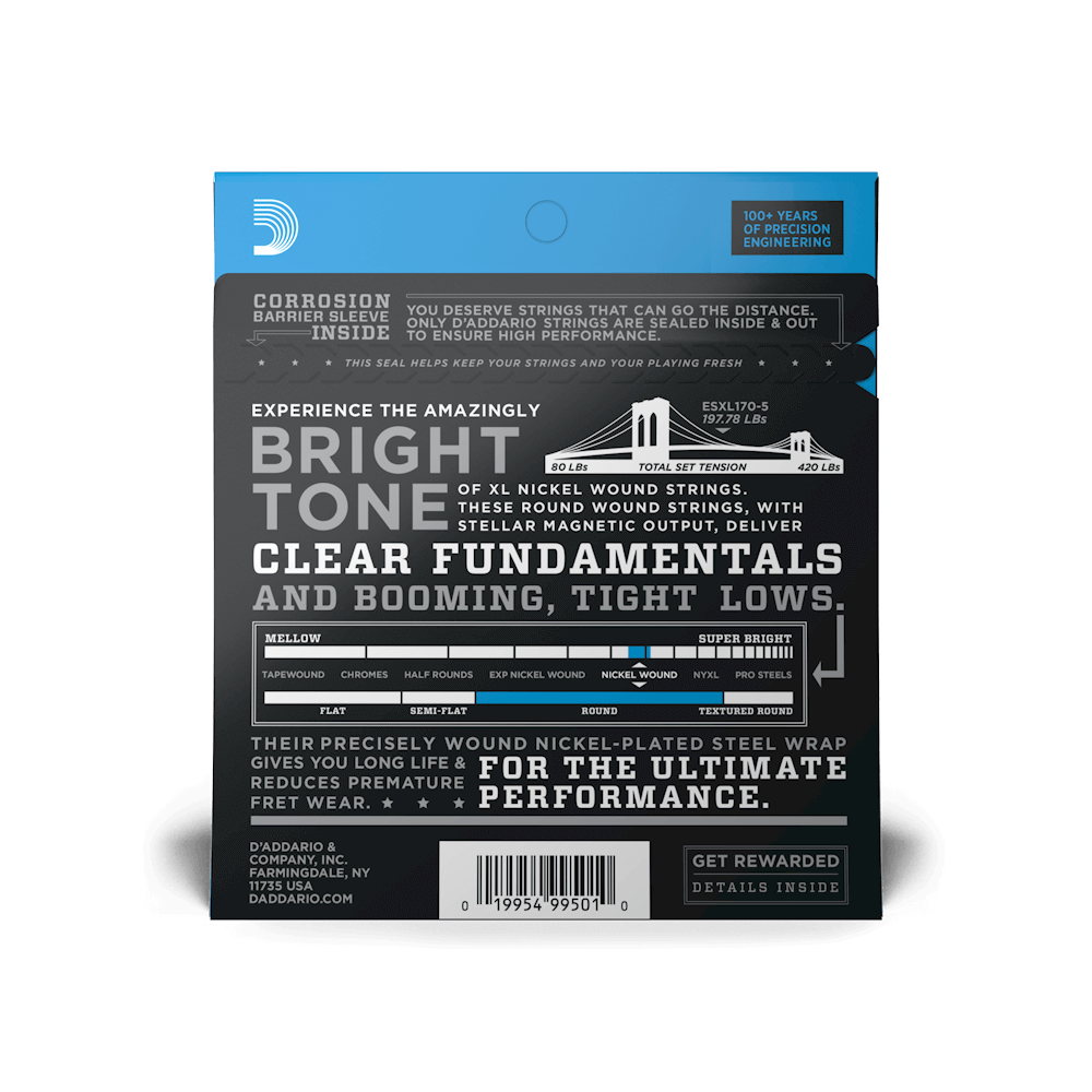 D'Addario EXL170-5 Regular Light Long Scale 5-String Bass Strings 45-130 (2-Pack)
